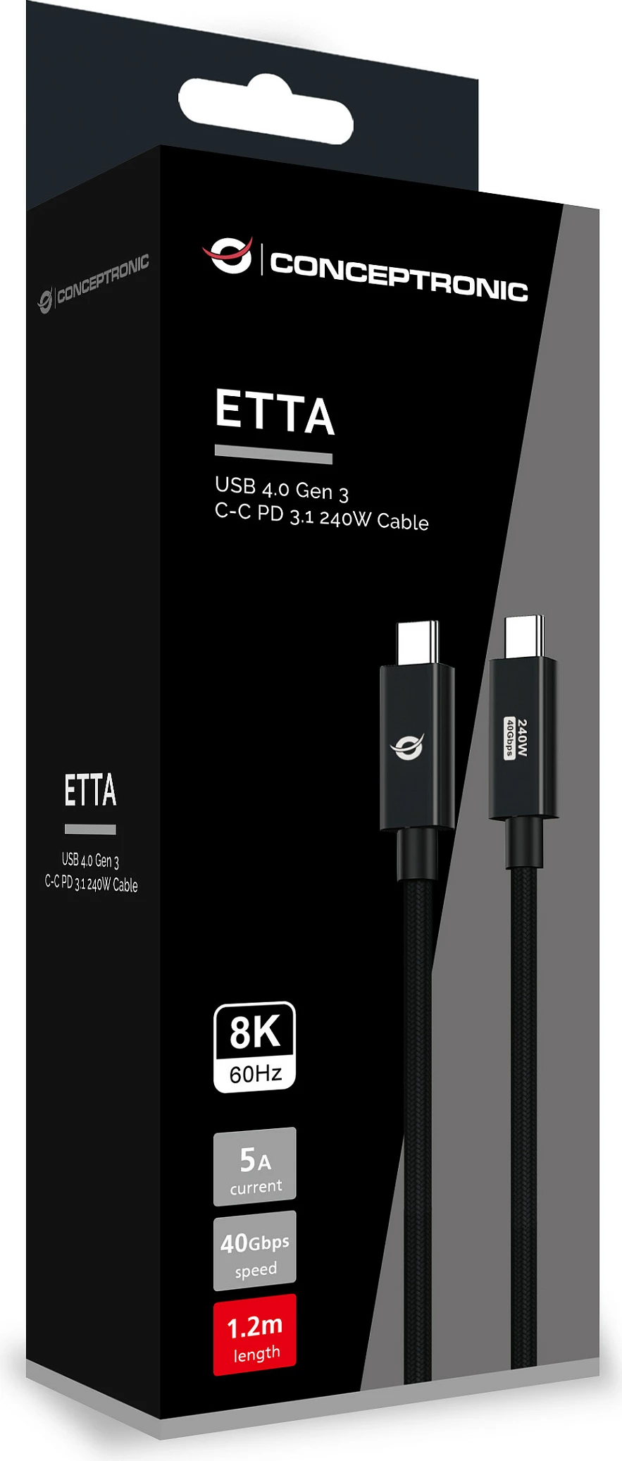 Kabllo USB-C Conceptronic ETTA04B12, USB4 Gen 3x2, PD 3.1 240W, 40Gbps, 1.2m, e zezë