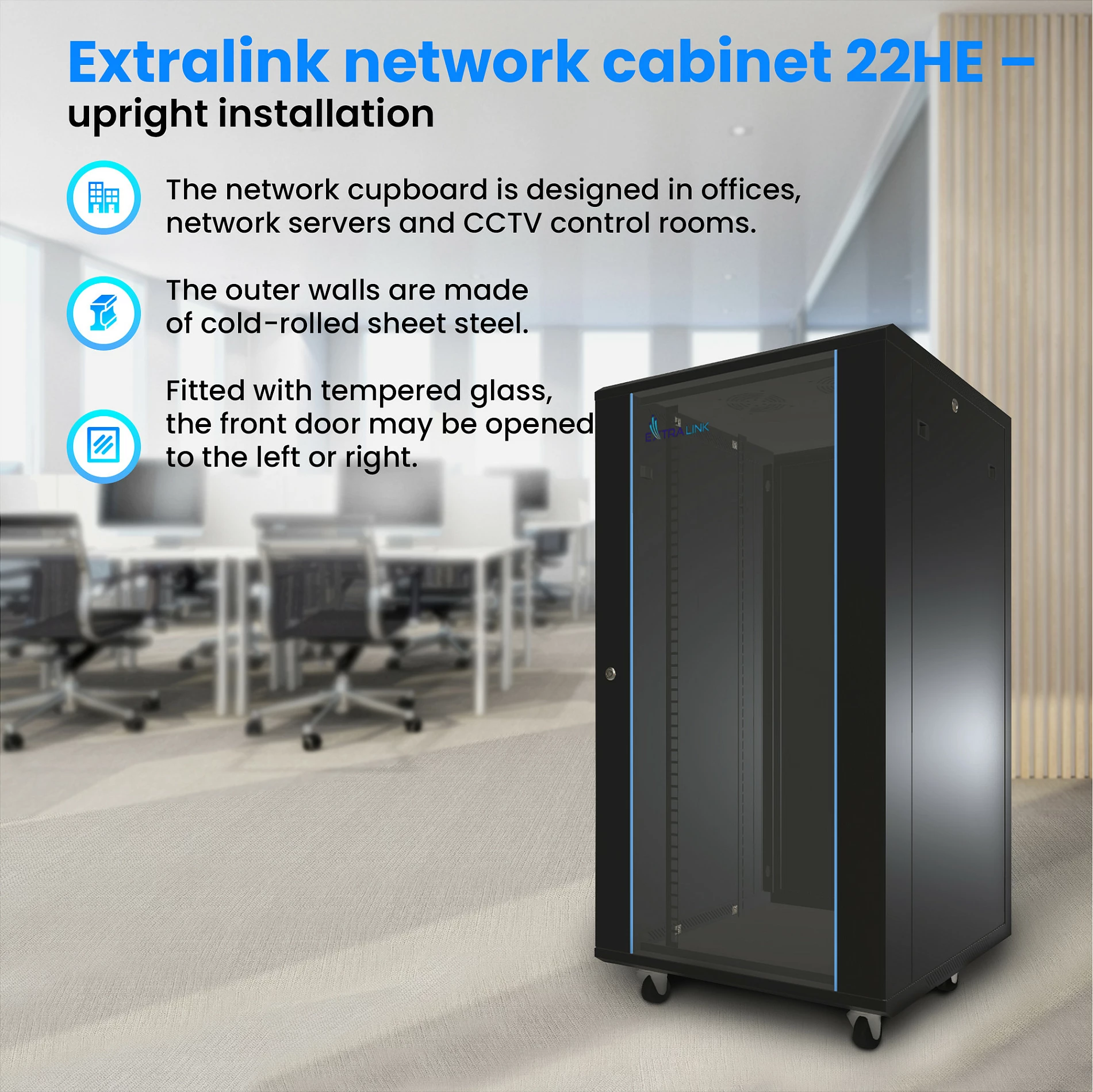 Kabinet rack Extralink 22U 600x600, 19", freestanding, i zi