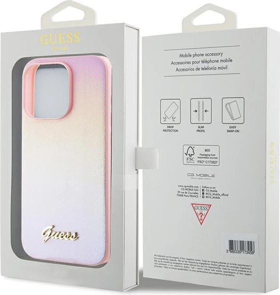 Mbështjellës Guess GUHCP15XPSAIRSP për iPhone 15 Pro Max 6.7", Saffiano Iridescent Script, rozë