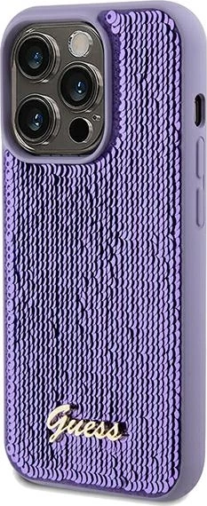 Mbështjellës Guess Sequin Script Metal për iPhone 14 Pro, vjollcë