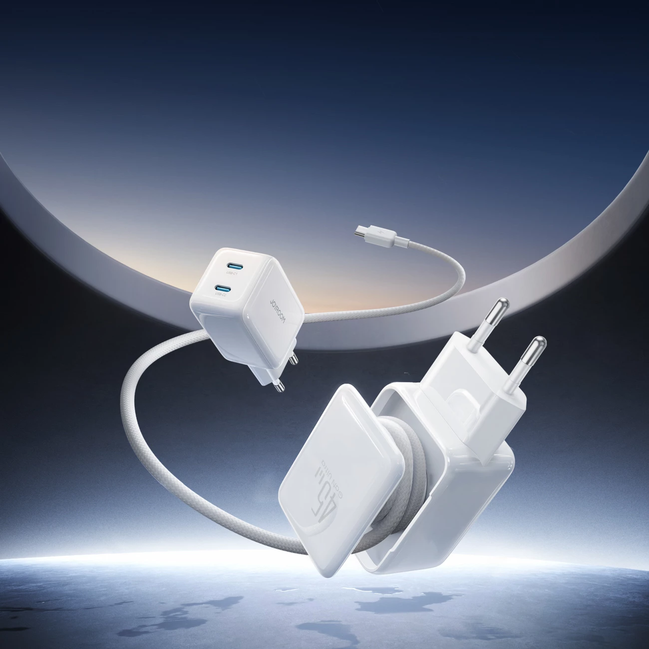 Karikues muri Joyroom JR-TCL05, 45W GaN, 2x USB-C, me organizues kablloje, i bardhë, me kabllo USB-C 1.2m