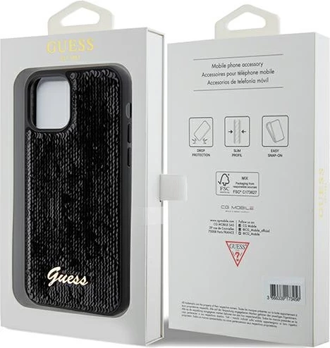 Mbështjellës Guess Sequin Script Metal për iPhone 12/12 Pro, i zi
