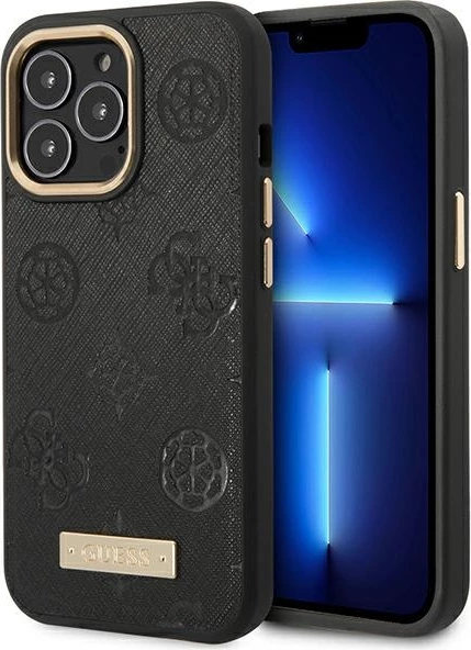 Mbështjellës, Guess, Peony Logo Plate 4G për iPhone 14 Pro Max 6.7", MagSafe, e zezë