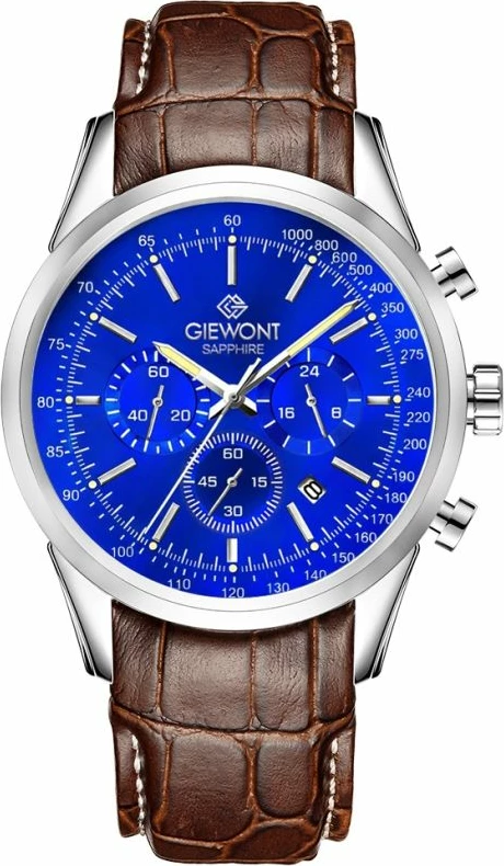 Orë dore kronograf për meshkuj Giewont GW7650-A5, e kaltër/argjendtë, rrip lëkure kafe