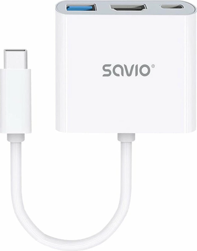Docking stacion USB-C Savio AK-48 3-në-1, HDMI + USB-A 3.0 + USB-C PD, 5Gbps, i bardhë
