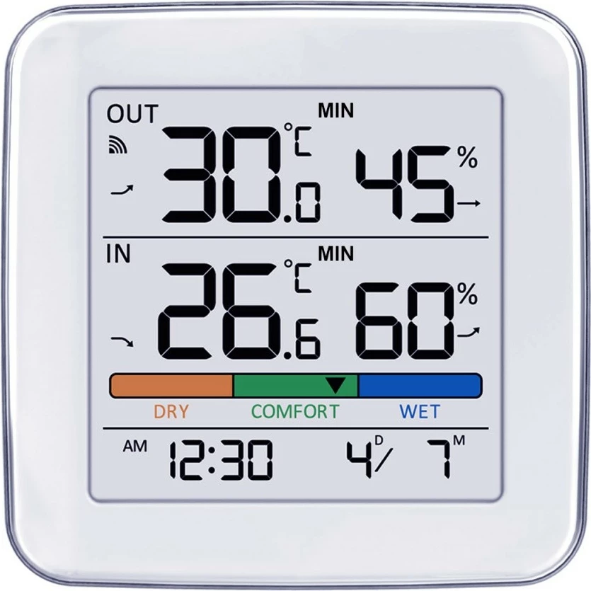 Stacion moti pa kabllo GreenBlue GB169, temperaturë brenda/jashtë, lagështi, orë/alarëm, datë, rreze deri 60 m, me sensor, e bardhë