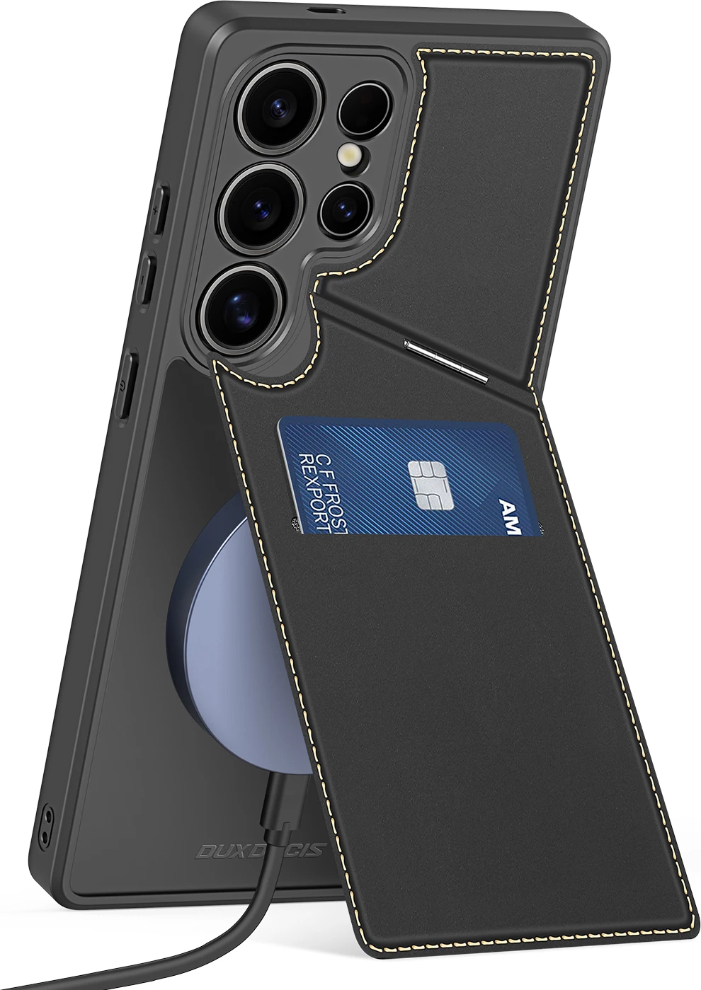 Mbështjellës Dux Ducis Rafi II për Samsung Galaxy S25 Ultra, me stand dhe xhepa për kartela, i zi