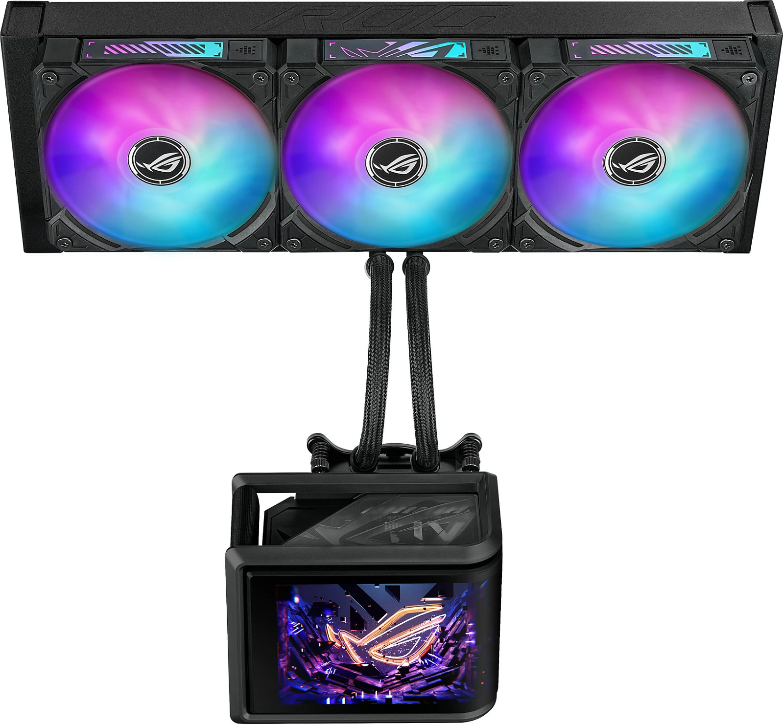 Ftohës uji AIO ASUS ROG RYUO IV SLC 360 ARGB, 3x120mm, AMOLED display, Intel/AMD, i zi