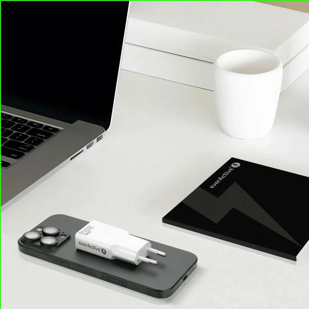 Karikues muri, everActive SC-380Q, GaN super slim 30W, 1x USB + 1x USB-C, QC 3.0/PD, e bardhë