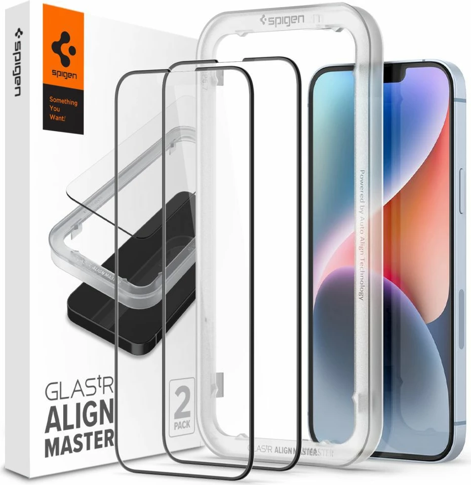Mbrojtës ekrani xham i temperuar, Spigen, Glas.tR AlignMaster FC, për iPhone 13/13 Pro/14/16e, 0.3mm 9H, kornizë e zezë, set 2 copë