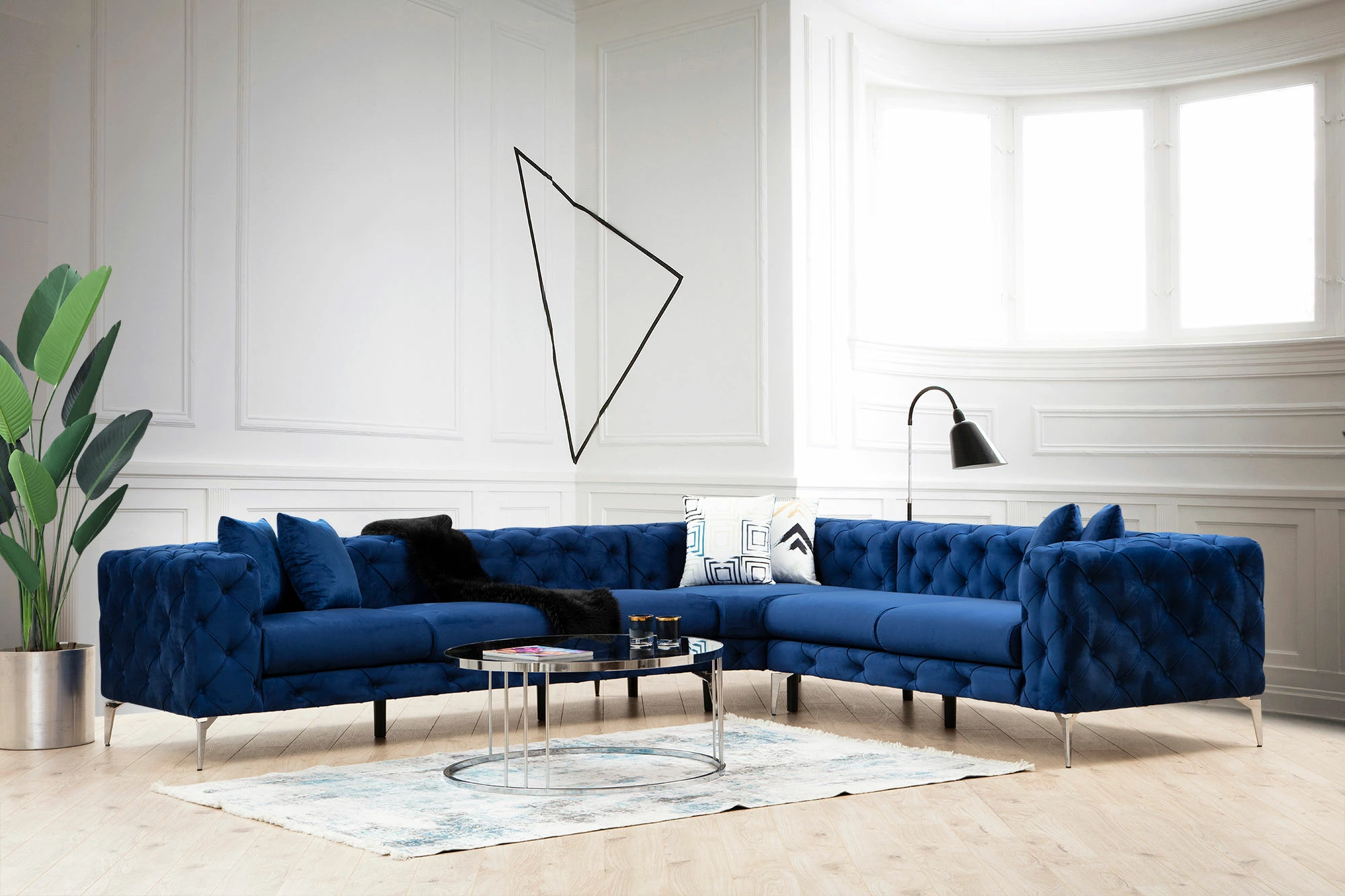 Këndare Como, ngjyrë blu navy, 6 jastëkë, këmbë metali, 310x270x70cm