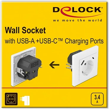 Prizë muri DeLOCK CEE 7/3 me USB-A + USB-C, 3.4A, 4000W, e bardhë