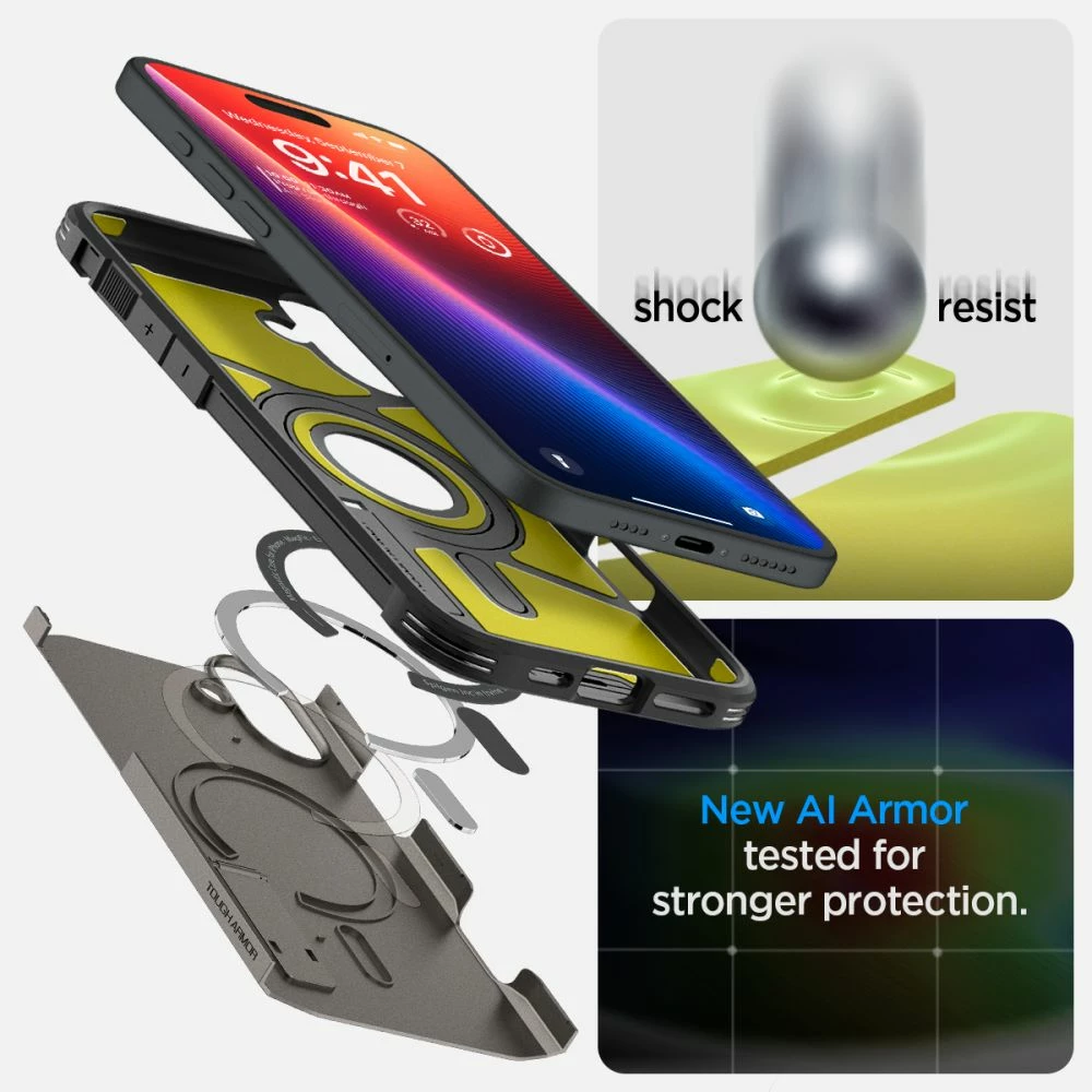 Mbështjellës Spigen Tough Armor Mag për iPhone 16, MagSafe, qëndrim i integruar, rezistencë MIL-STD, gunmetal
