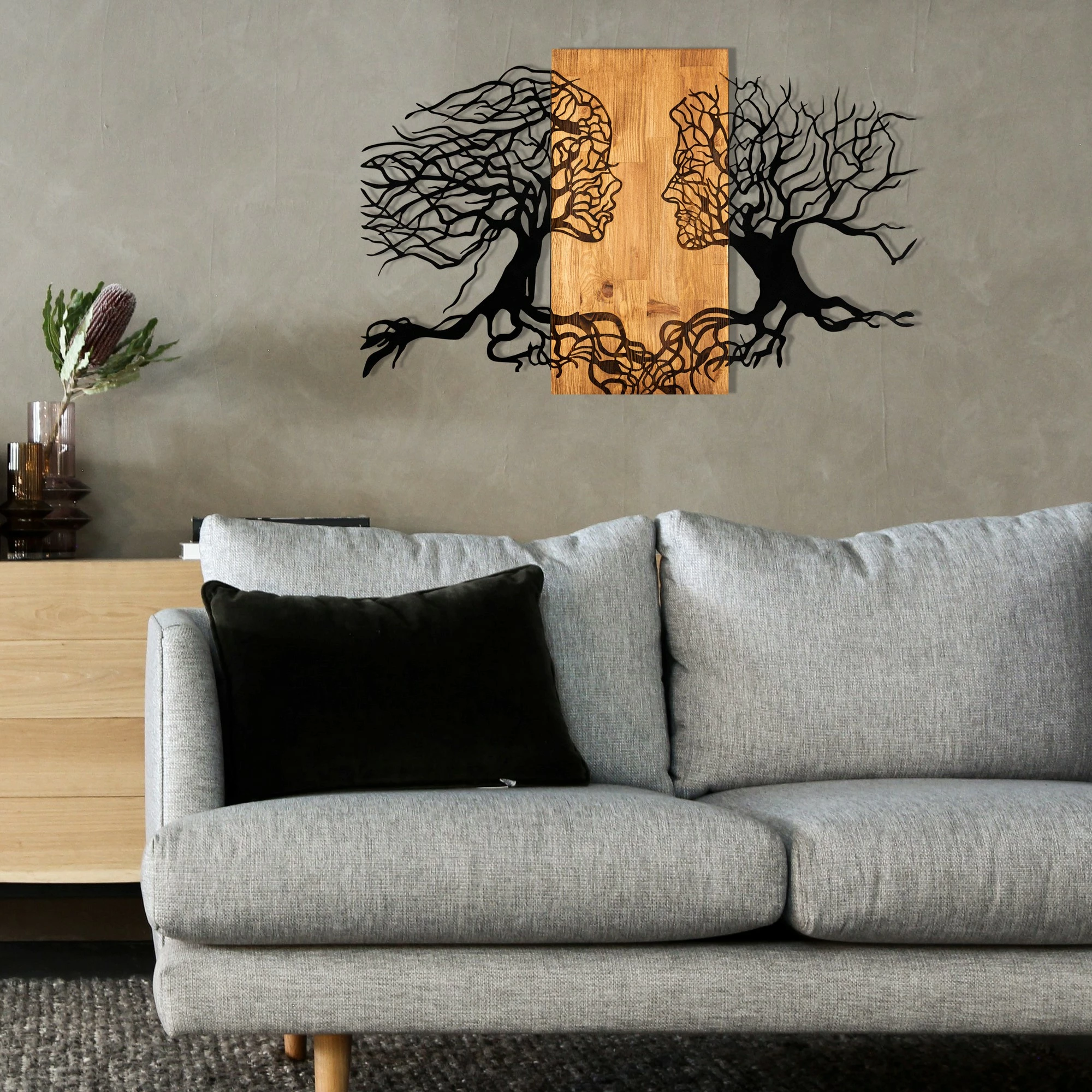 Aksesor dekorativ për mur, dru dhe metal, Wallity Tutku, ngjyrë e zezë dhe arre, 92x58cm