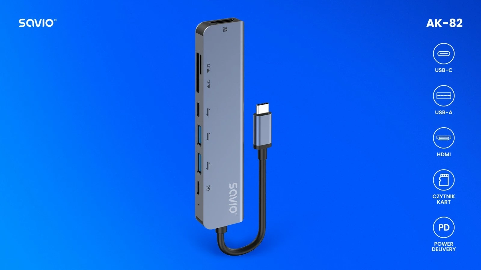 HUB USB-C 7-në-1 Savio AK-82, argjendtë