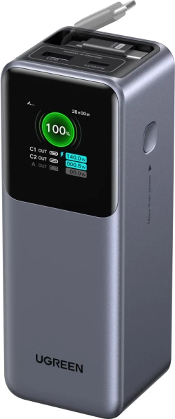 Powerbank UGREEN 55987B 20000mAh 165W me ekran TFT dhe kabllo USB-C të integrume, gri