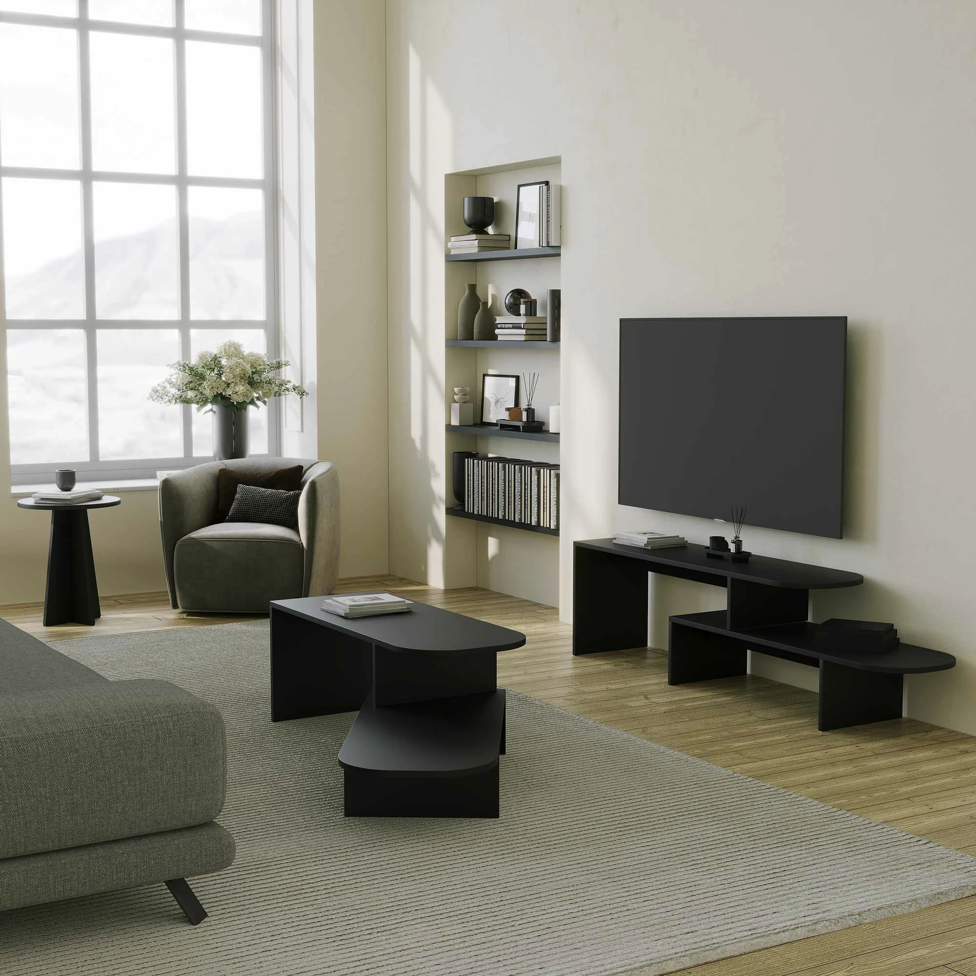 Komodë për TV Skye Decor, Puzzle, e zezë