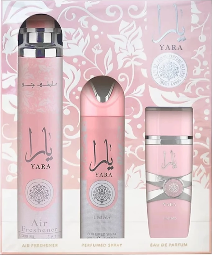 Set Eau de Parfum Lattafa Yara për femra 100ml + deodorant spray 200ml + air freshener 300ml