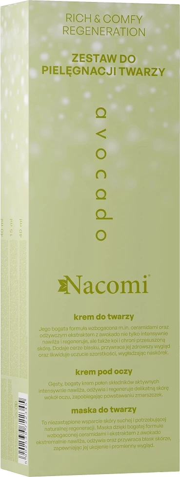 Set për kujdesin e fytyrës Nacomi Rich & Comfy Regeneration Avocado për femra, 40ml krem fytyre + 15ml krem sysh + 40ml maskë fytyre