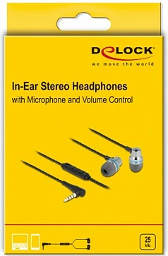 Kufje in-ear DeLOCK, 3.5mm 4-pin, me mikrofon dhe kontroll volumit, 1.2m, gri