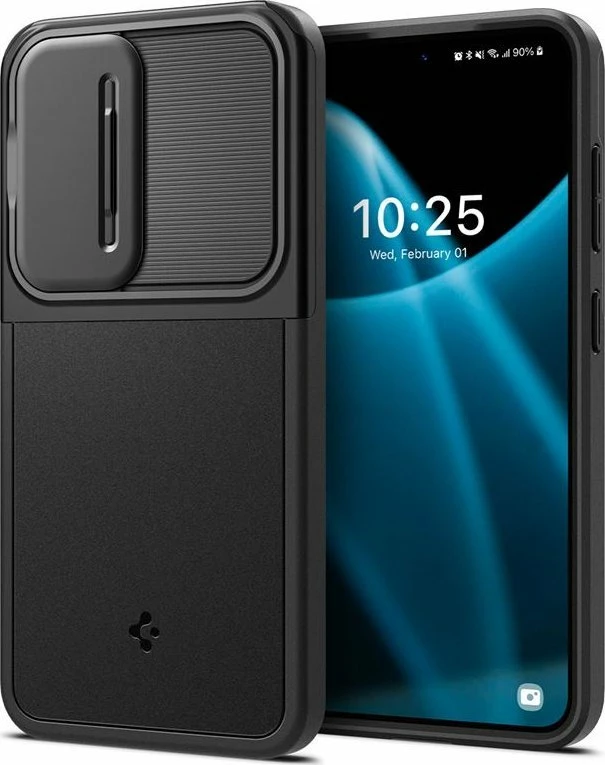 Mbështjellës Spigen Optik Armor për Samsung Galaxy S24, mbrojtje hibride TPU+PC, kapak rrëshqitës për kamerë, i zi