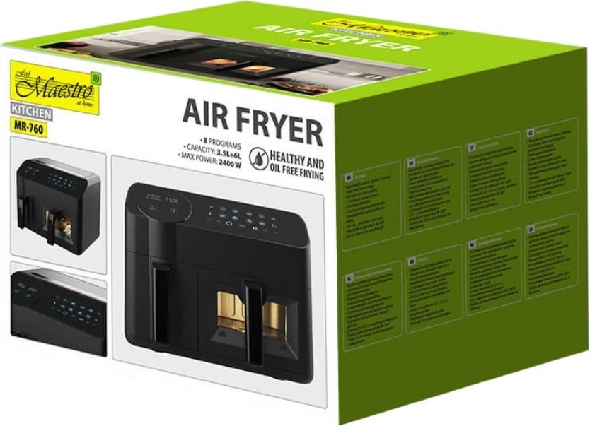 Fritezë me ajër e dyfishtë, Feel-Maestro, MR-760, 9.5L (3.5L+6L), 2400W, 8 programe, ekran LCD, e zezë
