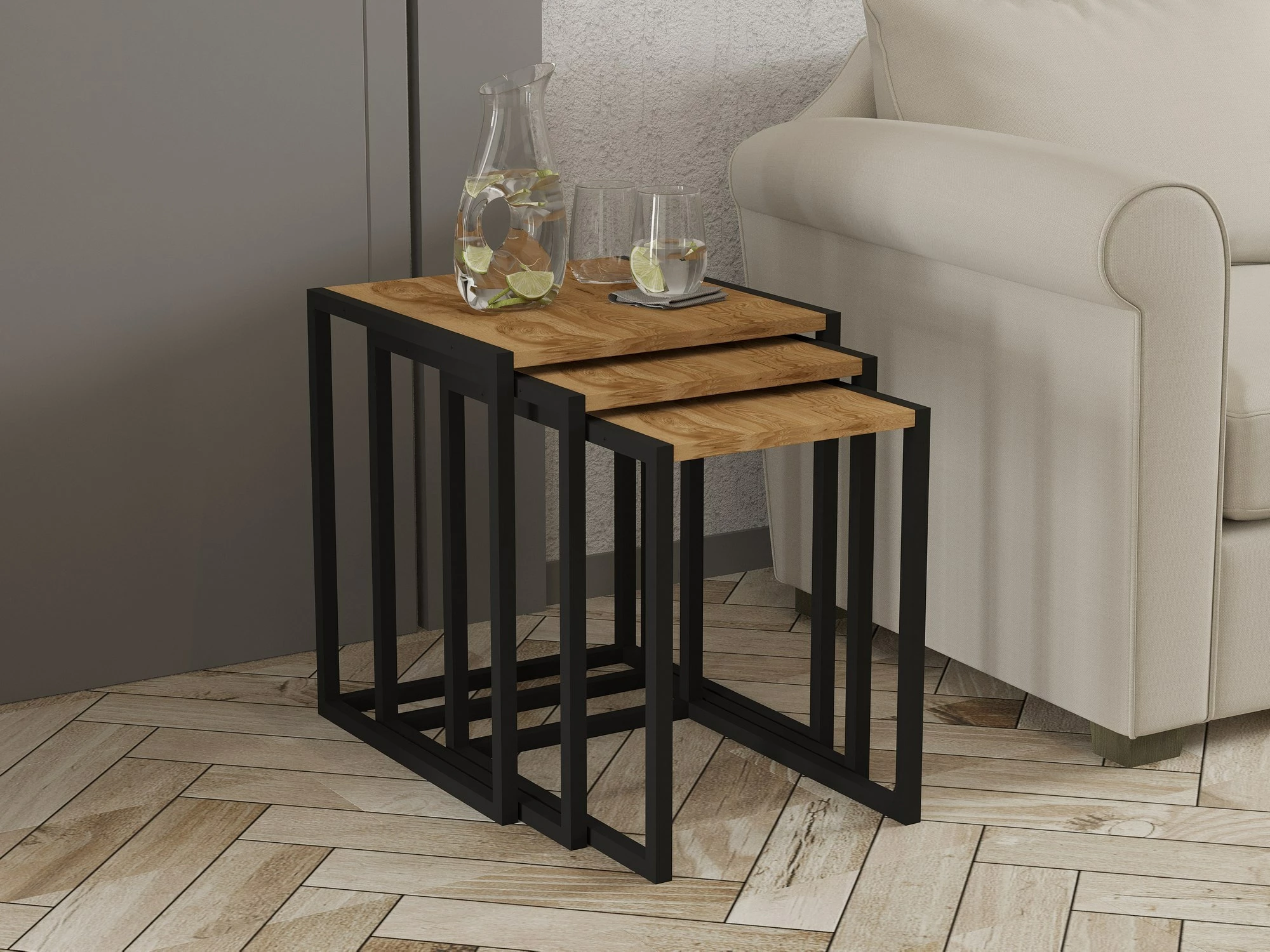 Set tavolinash ndihmëse (3 copë), Hanah Home, Tali, ngjyrë e zezë dhe oud