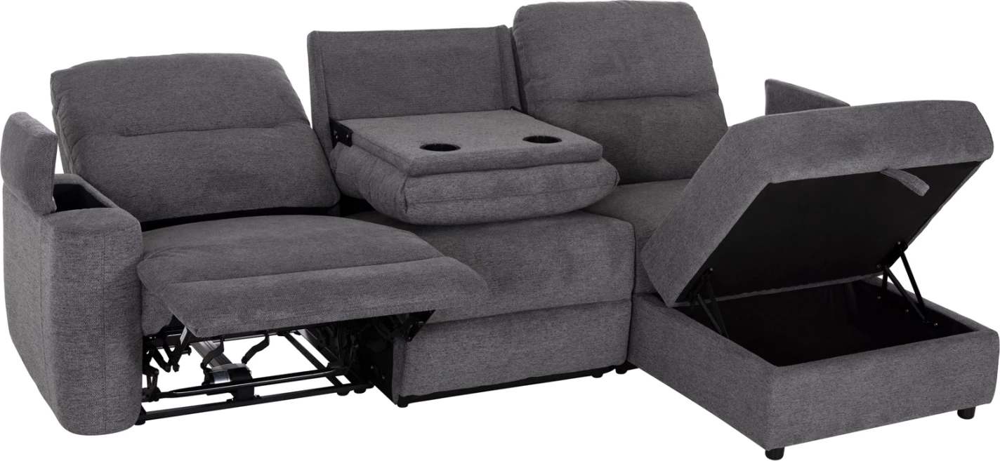 Këndare e djathtë SYNTHIA me recliner elektrik, hapësirë për depo dhe tavolinë, material gri, 246x159x97cm
