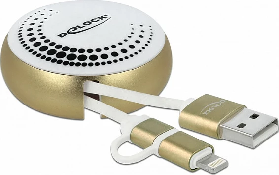 Kabllo USB DeLOCK 2n1 tërheqëse, USB-A në Micro-USB/Lightning, 0.92 m, USB 2.0, 2.1A, bardhë/ari