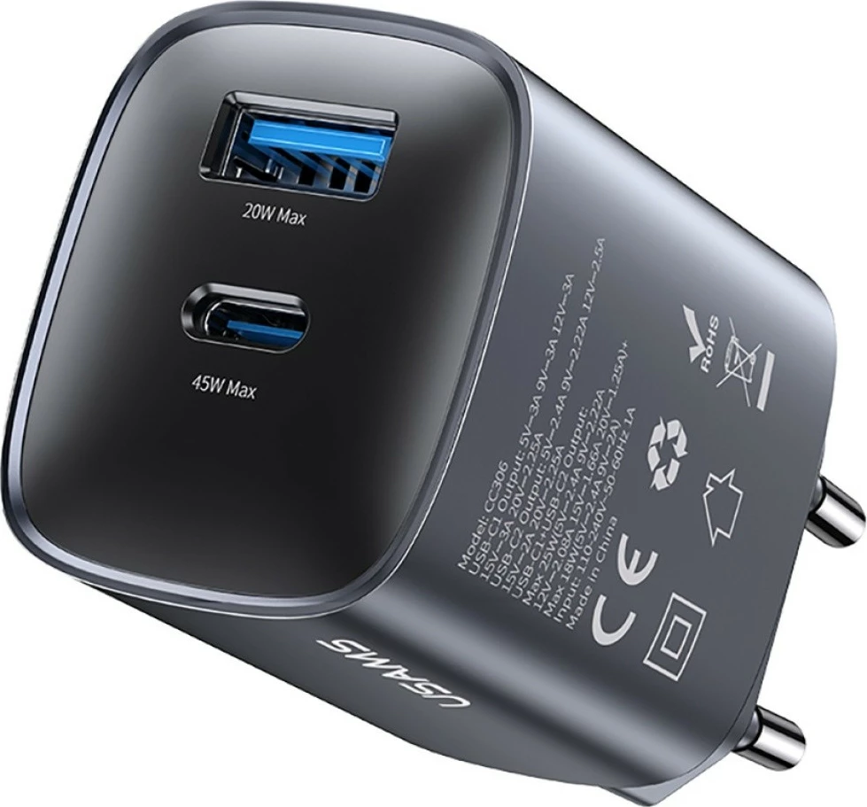 Karikues muri GaN 45W, USAMS CC290 T66 (USA001666), 1x USB-C + 1x USB-A, PD/QC, i zi