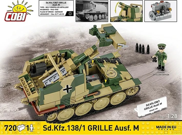 Set blloqe ndërtimi, Cobi, COBI-2665 Sd.Kfz.138/1 Grille Ausf. M, 720 elemente, shkallë 1:28, me figurë, kamuflazh jeshile