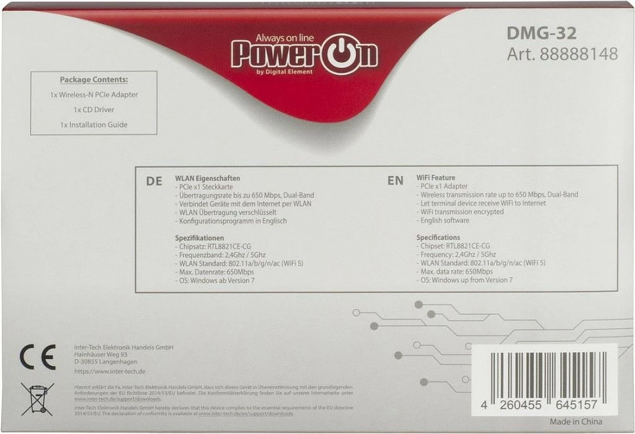 Adapter Wi‑Fi PCIe Inter‑Tech DMG-32, Wi‑Fi 5, 650Mbps, 2x antena 2dBi, e zezë