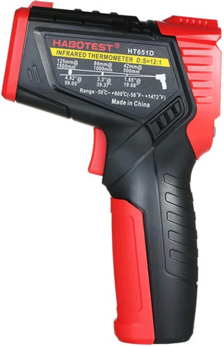 Termometër infrakuq (pirometër) Habotest HT651D, D:S 12:1, -50°C–800°C, termoelement K, matje lagështie & pikë vese