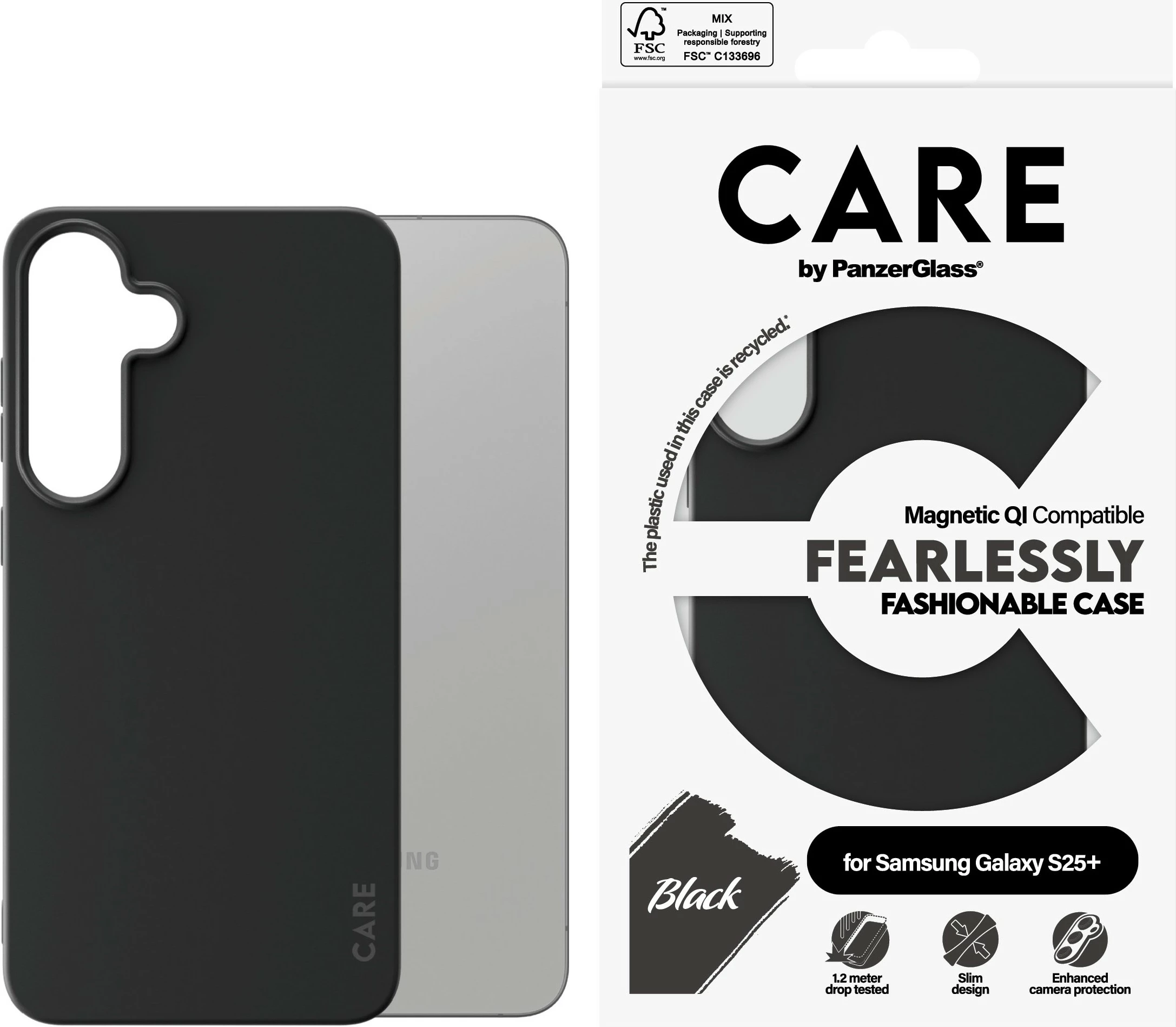 Mbështjellës PanzerGlass CARE për Samsung Galaxy S25 Plus, silikon, i zi