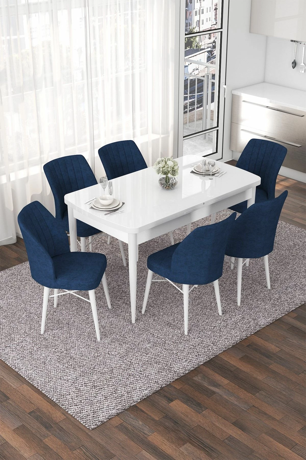 Set tavoline me karrige për ngrënie, e zgjatshme, 7 copë, Skye Decor, e bardhë, blu e errët