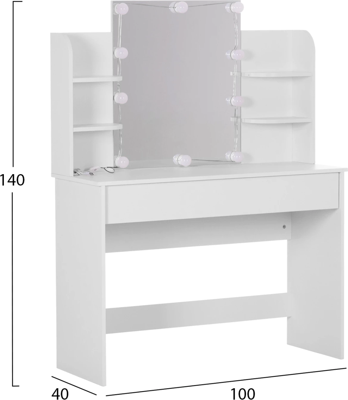 Tavolinë për grim me LED, rafte dhe sirtarë, ngjyrë e bardhë, LAURYN FH2502.03, 101.8x40x139.5H cm