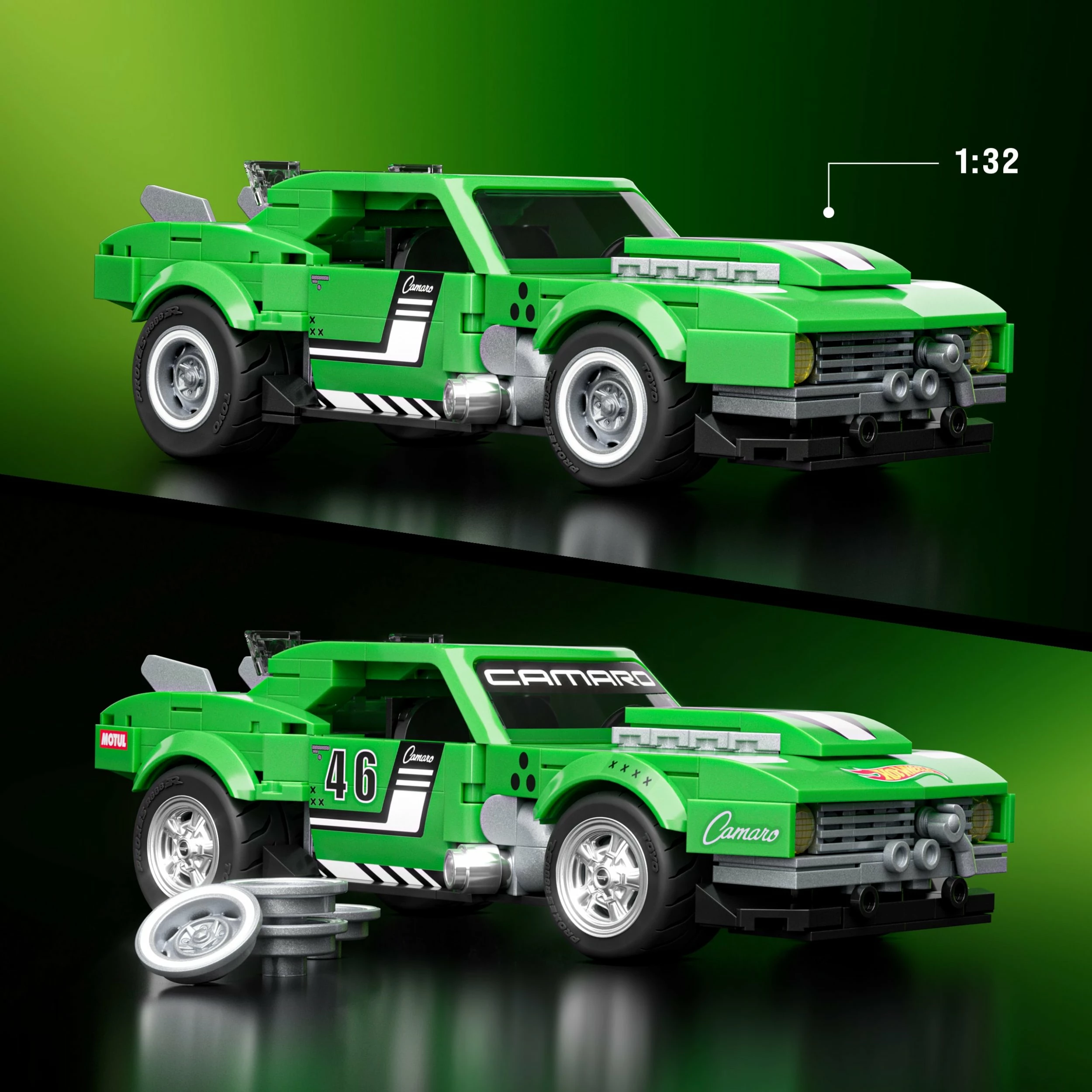 Set blloqesh ndërtimi Mattel Hot Wheels Speed Series Custom '68 Camaro JFT16, 289 pjesë, 1 makinë metalike 1:64, jeshile