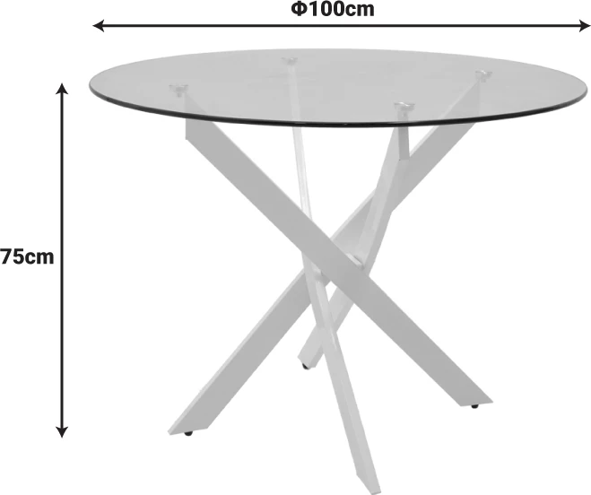 Tavolinë Antoro, xham, këmbë metalike të bardha, D100x75cm