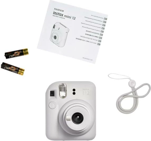 kamerë instant FUJIFILM Instax Mini 12, selfie mirror, close-up mode, auto exposure/flash, e bardhë, set me rrip dore dhe bateri