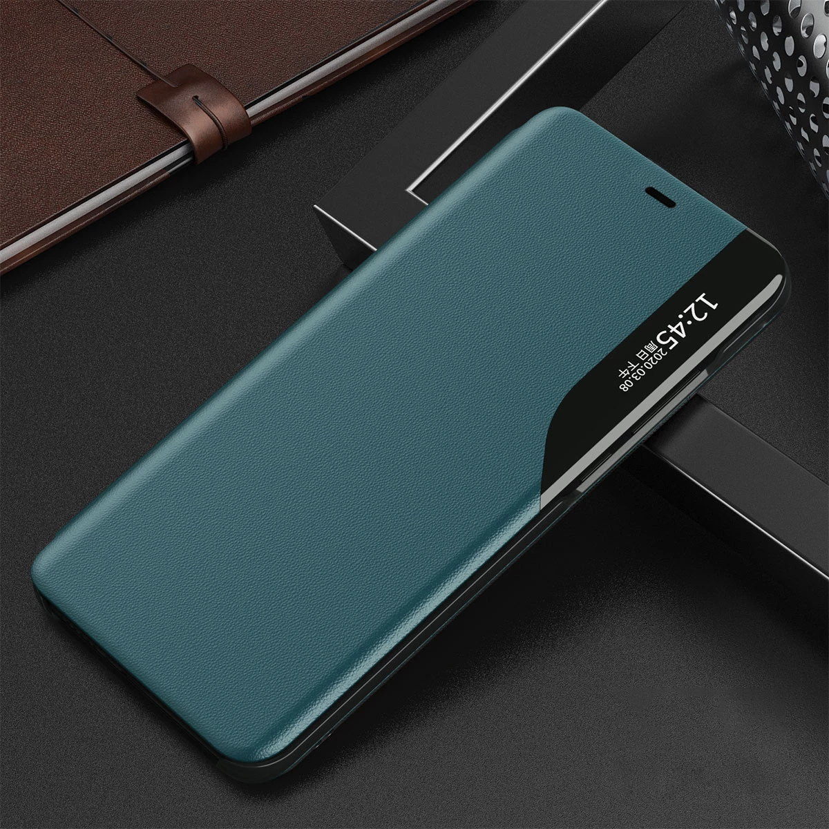 Mbështjellës Hurtel Eco Leather View Case për iPhone 13 Pro Max, me kapak dhe qëndrim, e gjelbër