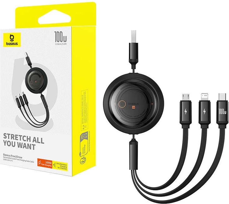 Kabllo 3-në-1 Baseus Free2Draw, 1.1m, 100W, USB në Micro+Lightning+USB-C, e zezë