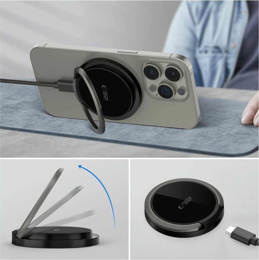 Karikues wireless Tech-Protect QI15W-A33 me MagSafe dhe stand, 15W, me kabllo USB-A/USB-C, zi