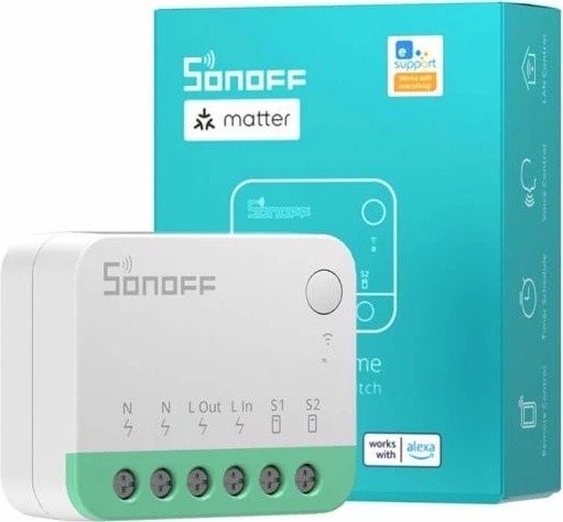 Switch smart Wi‑Fi SONOFF MINIR4M, Matter, 10A/2400W, 2.4GHz, i bardhë/jeshile