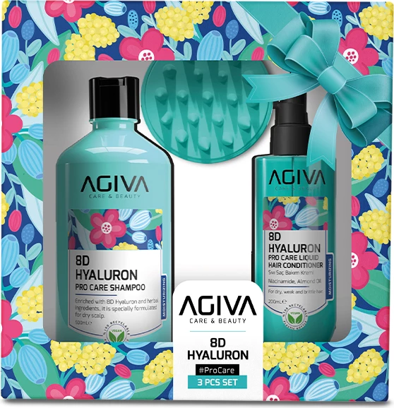 Set 3 pjesësh Pro Care Set Agiva 8D Hialuron  (Shampon 500 ml+ Kondicioner 200 m+ Krehër)