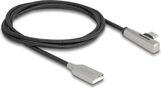 Kabllo USB DeLOCK USB-A në USB-C, 1 m, 60 W Fast Charging, USB 2.0, me LED, konektor i përkulur, e zezë/argjend