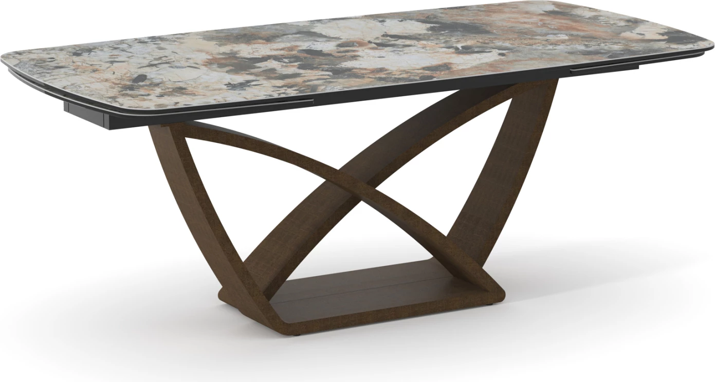 Tavolinë ngrënieje zgjatëse Empire, sipërfaqe qeramike dhe xhami, bazë metalike, 200(50+50)x100x77cm