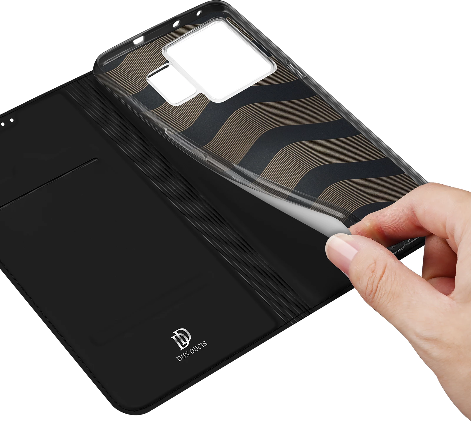 Mbështjellës Dux Ducis Skin Pro për Realme GT Neo 5 / Realme GT3, me kapak, xhep kartelash, funksion standi, e zezë