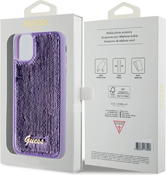 Mbështjellës Guess Sequin Script Metal për iPhone 11/XR, vjollcë