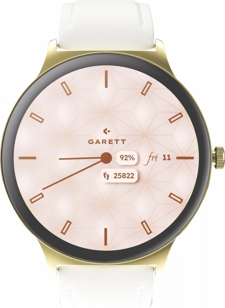 Smartwatch Garett Verona 2, 1.43\" AMOLED 466x466, IP68, Bluetooth thirrje, 200 mAh, Gold, set me rrip mesh + rrip lëkure eko i bardhë