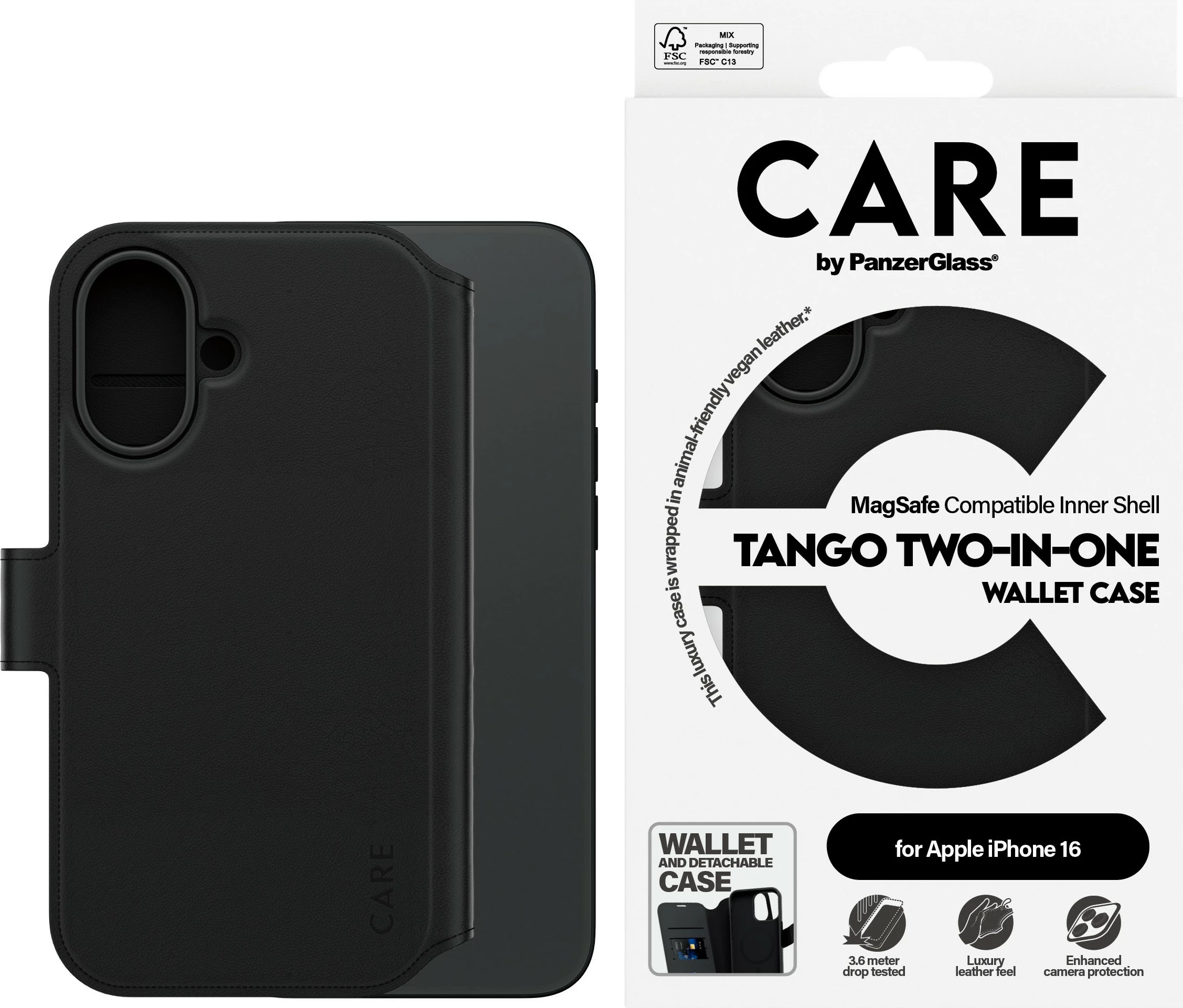 Mbështjellës PanzerGlass CARE Case Feature Tango 2-in-1 Wallet Case për iPhone 16, e zezë